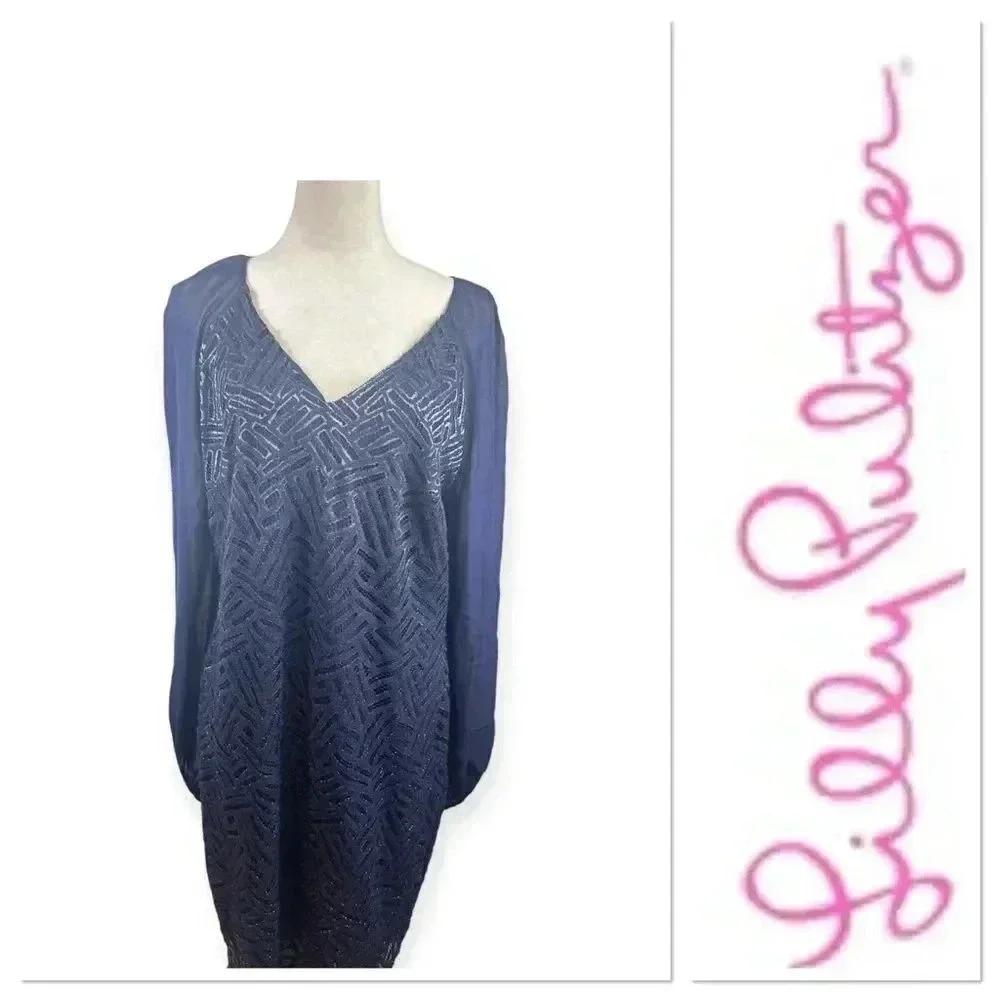 Lilly Pulitzer navy Carleigh tunic dress with silver bamboo geo lace size 14